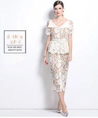 Quality Summer Beaded Diamonds Embroidery Beige White Lace Evening Dress Women Short Sleeve Ruffle Peplum Midi Prom Dresses Long