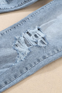 Navy Blue Light Wash Frayed Slim Fit High Waist Jeans