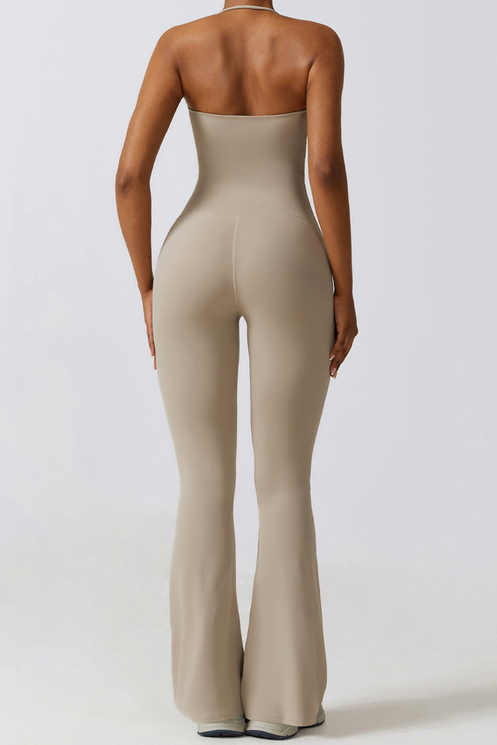 Smoke Gray Halter Flared Yoga Jumpsuit