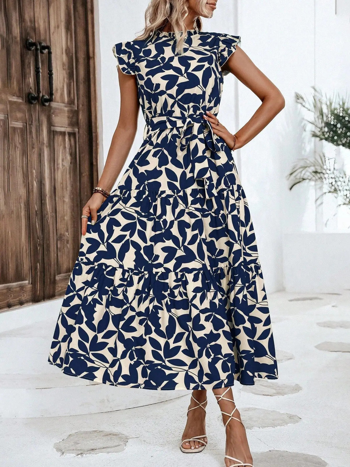 Elegant Women's Flower Midi Dress New Summer Fashion Stand Collar Flying Sleevel Lace Up Dress Casual Beach Holiday Dresses Robe