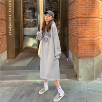 Long Hood Sweater Dress Women Autumn and Winter Fleece-lined Thickened Pullover Small Loose Mid-Length over-the-Knee Dress