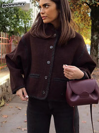 Retro Chocolate Stand Collar Wool Blend Coat Women Chic Single Breasted Long Sleeve Pocket Jacket New Lady Commute Streetwears