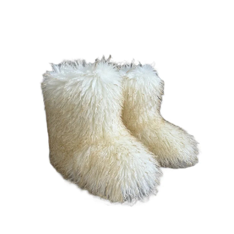 New Winter Fur Onepiece Raccoon Fur Female Snow Boots Fur Shoes Outdoor Mid Leg Boots