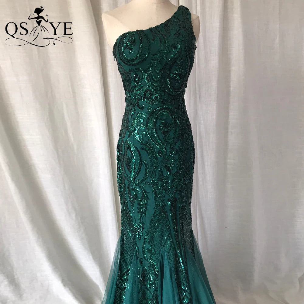 One Shoulder Emerald Evening Dresses Green Sequined Long Mermaid Prom Gown Glitter Elegant Party Dress Pattern Lace Formal Dress