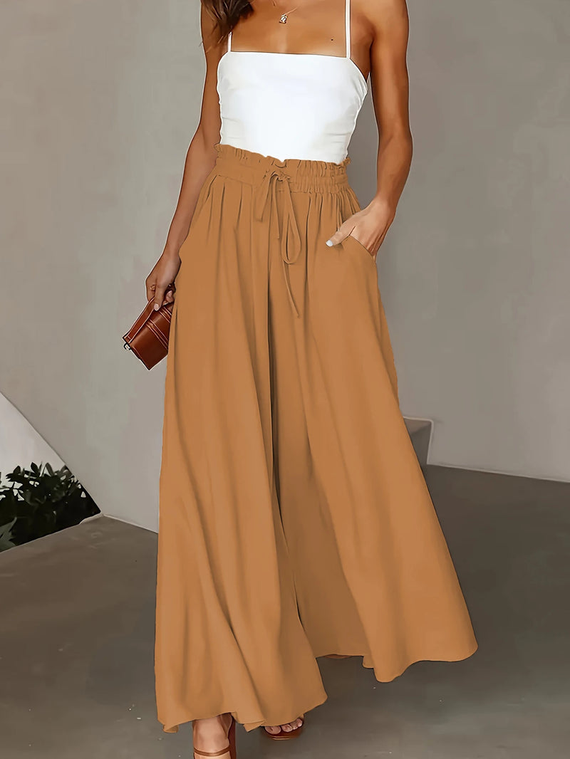 Plus Size Wide Leg Pants Comfortable Slight Stretch FabricElegant Solid Color Design Po    cket DetailsDrawstring Elastic Wai