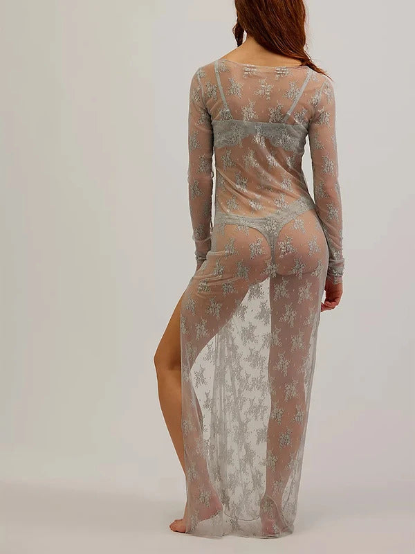 Women See-Through Lace Dress Long Sleeve Round Neck Slit Hem Dress Chemise Beach Bikni Cover Up Long Dress Vacation Streetwear