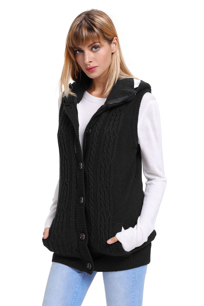 Black Cable Knit Hooded Sweater Vest