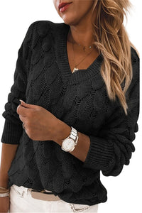 Black Feather Hollowed-out V-neck Long Sleeve Knitted Sweater