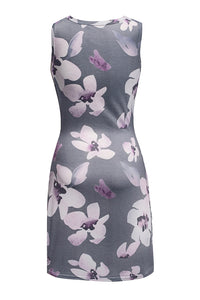 Gray Floral Print Hollow Out Wrap Tie Mini Dress