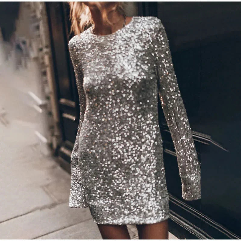 Fashion Sequin Silver Shiny Short Dress Women Elegant O Neck Long Sleeve Dresses 2024 New Autumn Winter Party Gown Solid Vestido