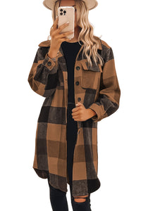 Chestnut Plaid Button-Down Flap Pocket Long Shacket