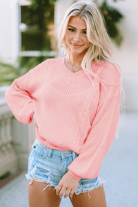 Pink V-Neck Long Sleeve Cable Knit Sweater