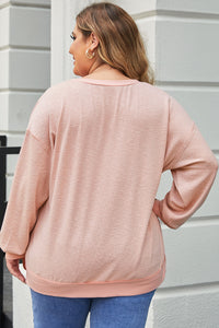 Pink Raw Cut Notched Neck Plus Size French Terry Hoodie