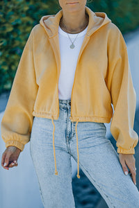 Yellow Zip Closure Drawstring Cinched Cropped Hoodie