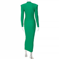 Shoulder Padded Long Sleeve Bodycon Green Party Club Maxi Long Dress  Spring Autumn Women Fashion Elegant Clothes