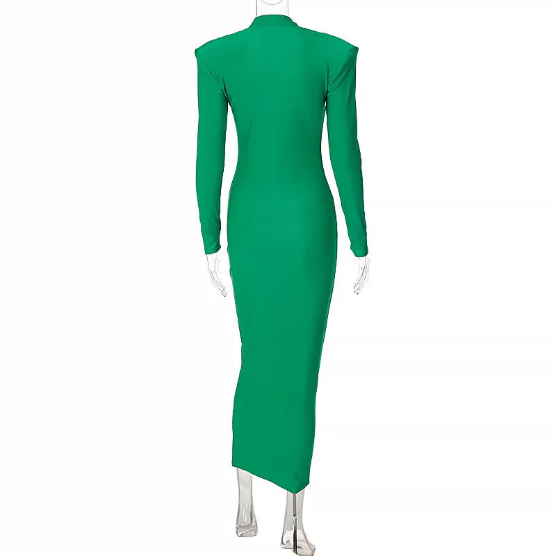 Shoulder Padded Long Sleeve Bodycon Green Party Club Maxi Long Dress  Spring Autumn Women Fashion Elegant Clothes