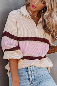 Apricot Striped Color Block Knit Zip Collared Sweater