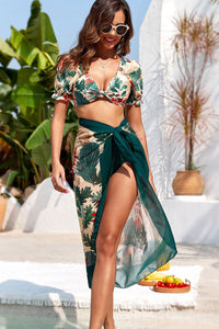 Green 3pcs Tropical Print Knotted Bikini with Sarong