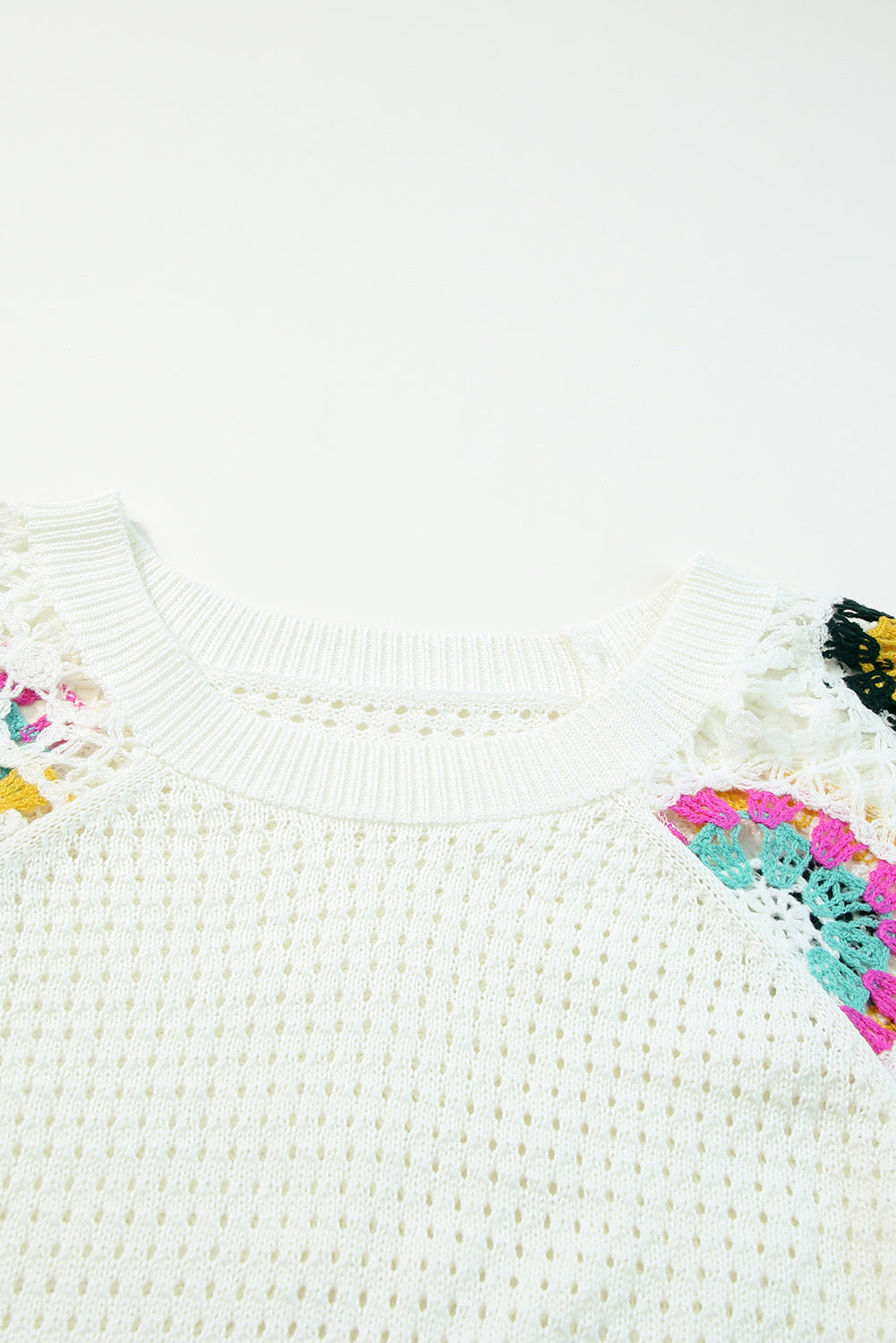 White Pointelle Floral Crochet Sleeve Sweater