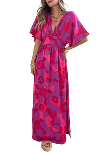 Abstract Floral Print V Neck Dolman Maxi Dress