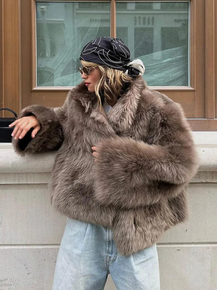 Luxury Brown Women's Fluffy Faux Fur Warm Short Coat Chic Lapel Collar Long Sleeve Furry Jacket Winter 2024 Lady High Streetwear