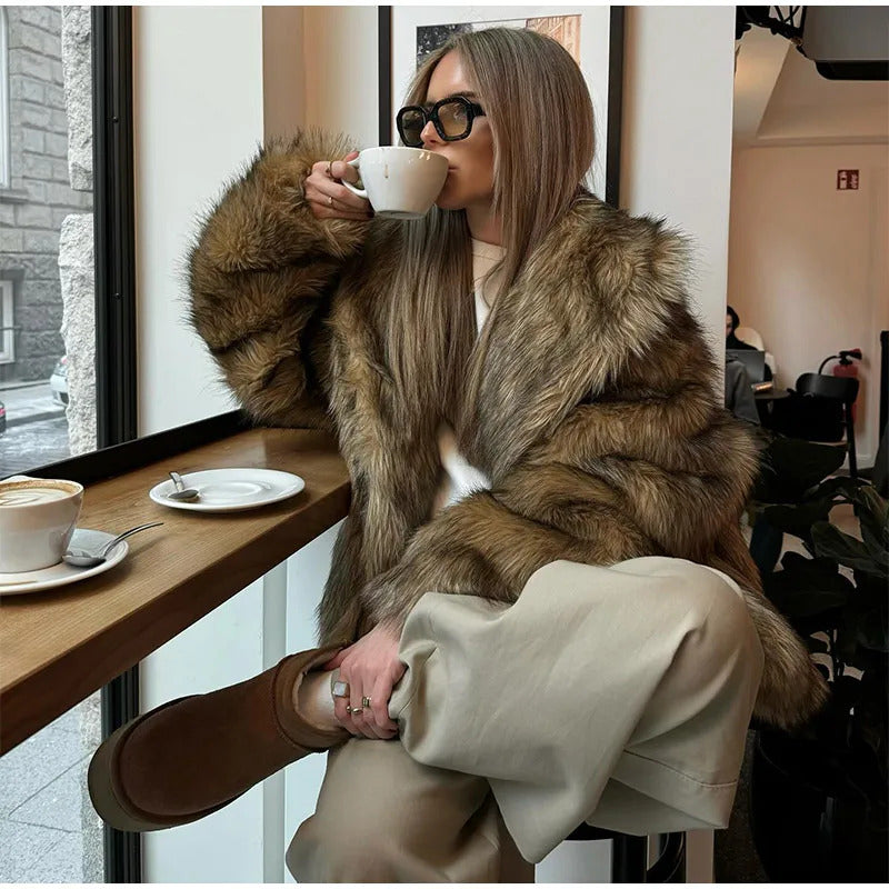 Luxury Brown Women's Fluffy Faux Fur Warm Short Coat Chic Lapel Collar Long Sleeve Furry Jacket Winter 2024 Lady High Streetwear