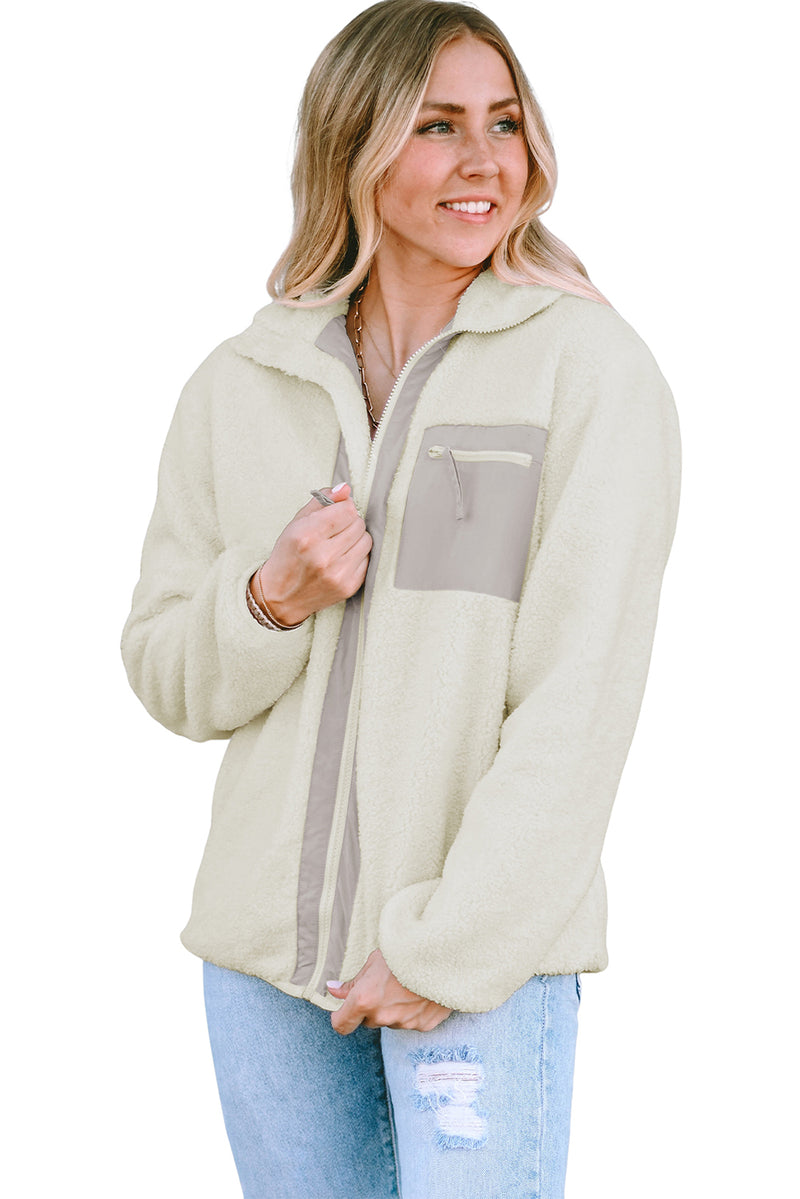 White Chest Pocket Full Zipper Fuzzy Fleece Jacket