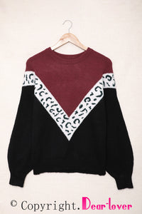 Black Colorblock Chevron Leopard Pullover Sweater