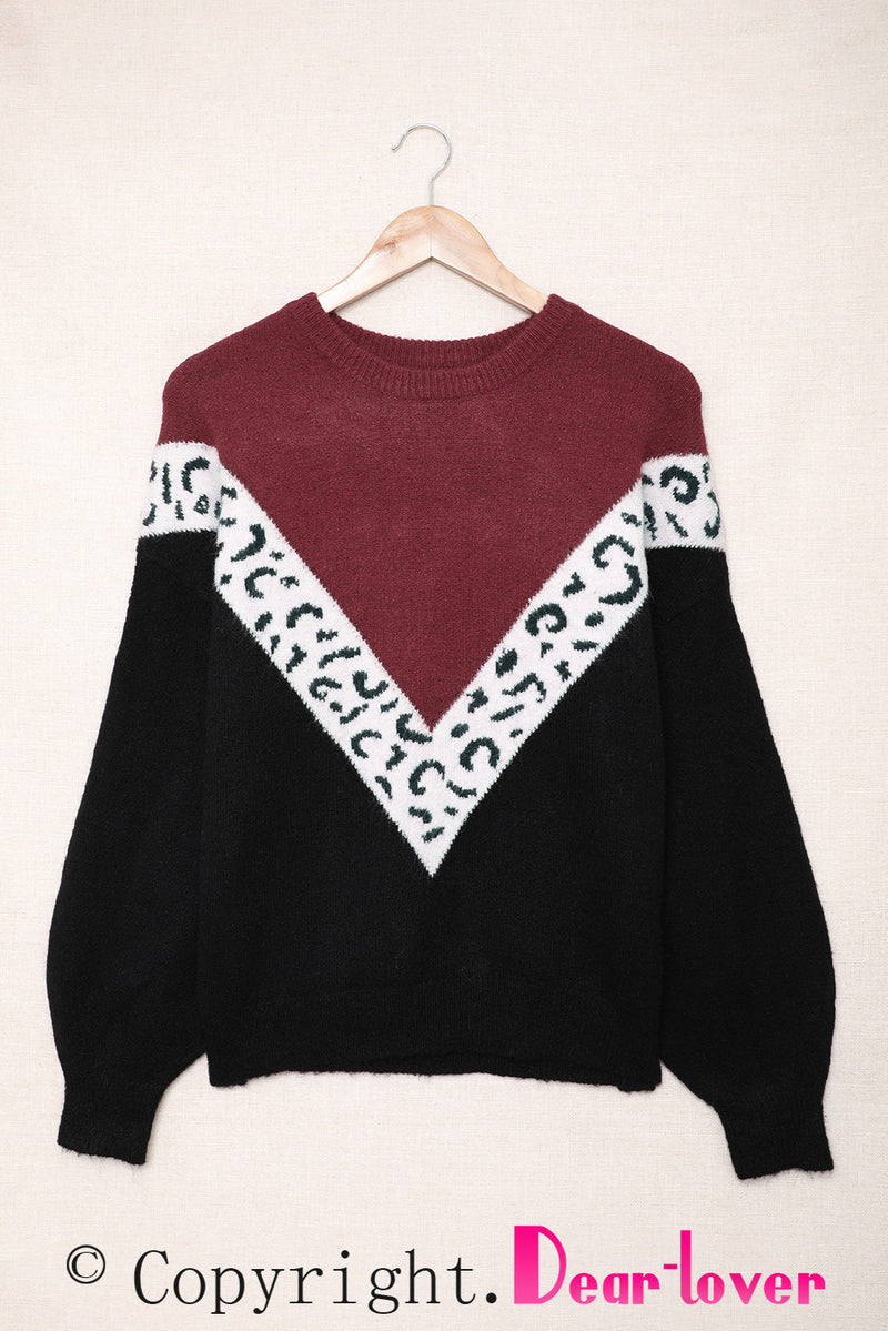 Black Colorblock Chevron Leopard Pullover Sweater