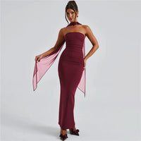 Mozision Strapless Backless Sexy Maxi Dress For Women Burgundy Mesh Sleeve Off-shoulder Bodycon Club Party Evening Long Dress