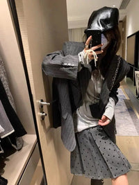 Factory Price Retro Wear Two Sides Wear Pleated Polka-dot Skirt Women 2024 Fall/winter New Fashion Gray A-line Skirt