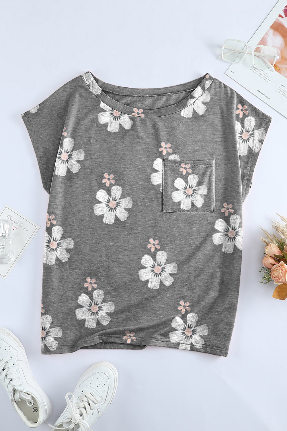 Gray Floral Cap Sleeve T-Shirt with Pocket