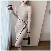 Women Knitted Dress New Autumn Winter Slim Lace-Up Long Sleeve Bottoming Sweater Skirt Elegant Fashion Office Female Vestidos