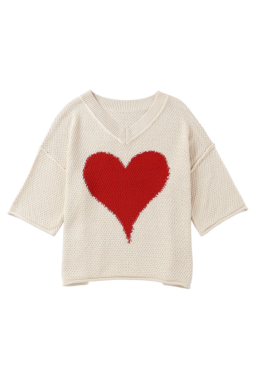 Beige V-neck Dropped Sleeve Heart Print Slouchy Shift Sweaters