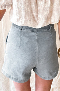 Beau Blue Ruffled High Waist Flap Pockets Denim Shorts