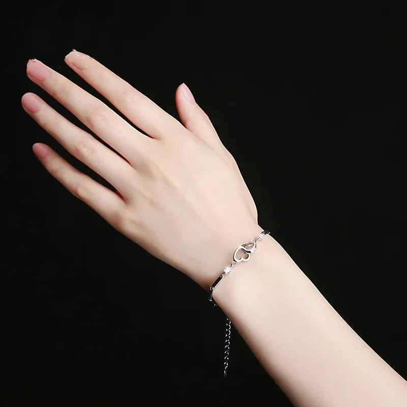 New Charms 925 Sterling Silver Bracelets Bangles for Women Valentine's Days Gift Cubic Zircon Double Heart Bracelet Jewelry