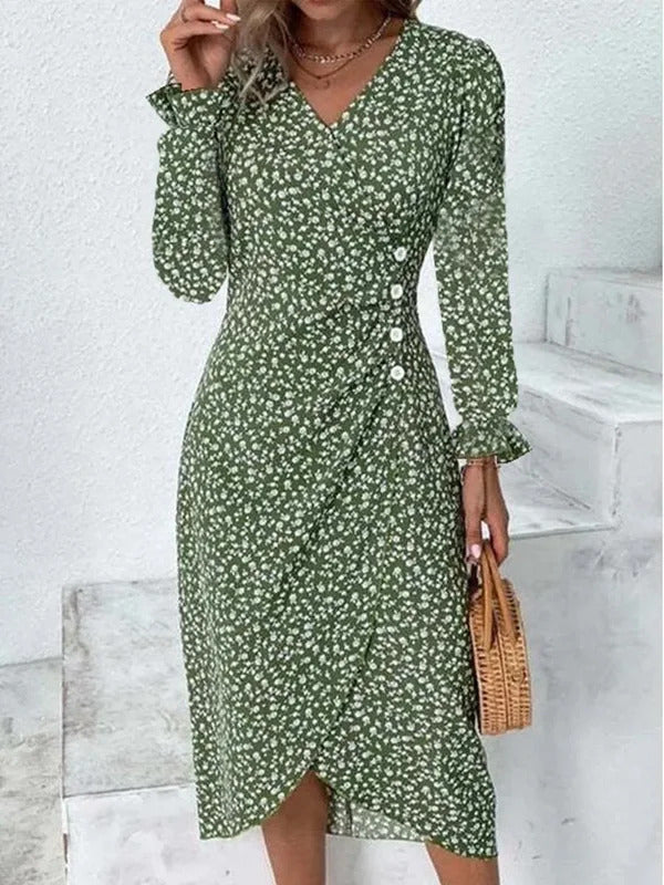 Spring Floral Bodycon Midi Dress For Women V Neck Long Sleeve Ruched Slim Fit Dresses Female Sexy Vestido Robe