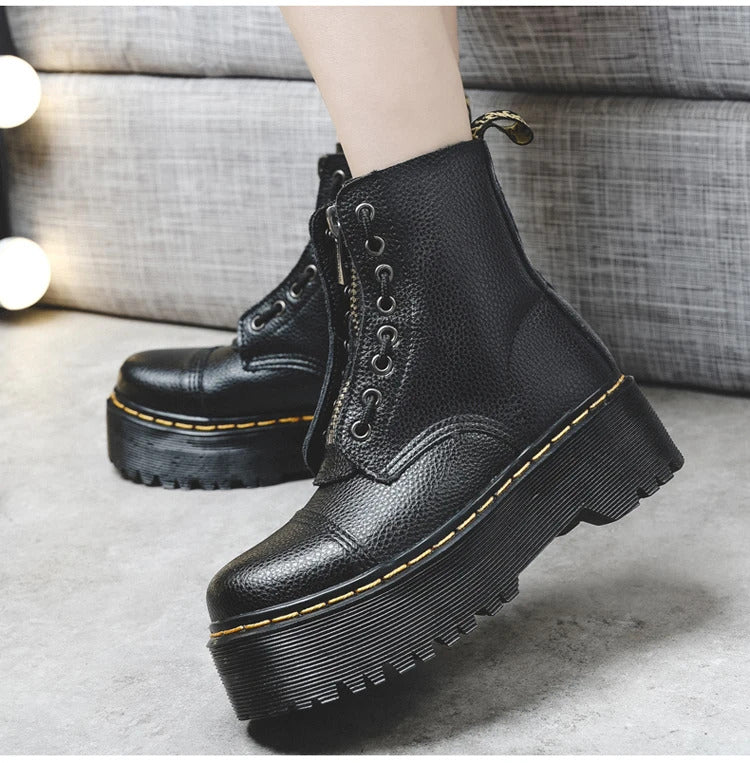 Women Boots Genuine Leather Platform Boots Motorcycle Shoes Front Zipper Optical Soles Fashion Sexy Punk Men Winter Boots 35-46