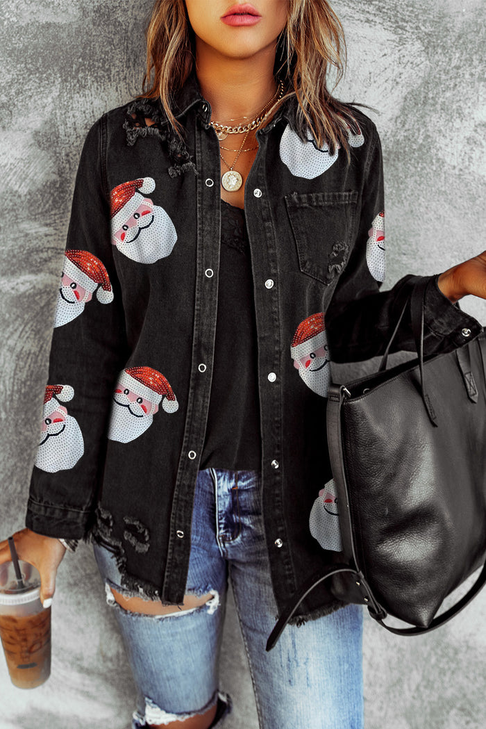 Black Sequined Santa Claus Graphic Frayed Denim Jacket