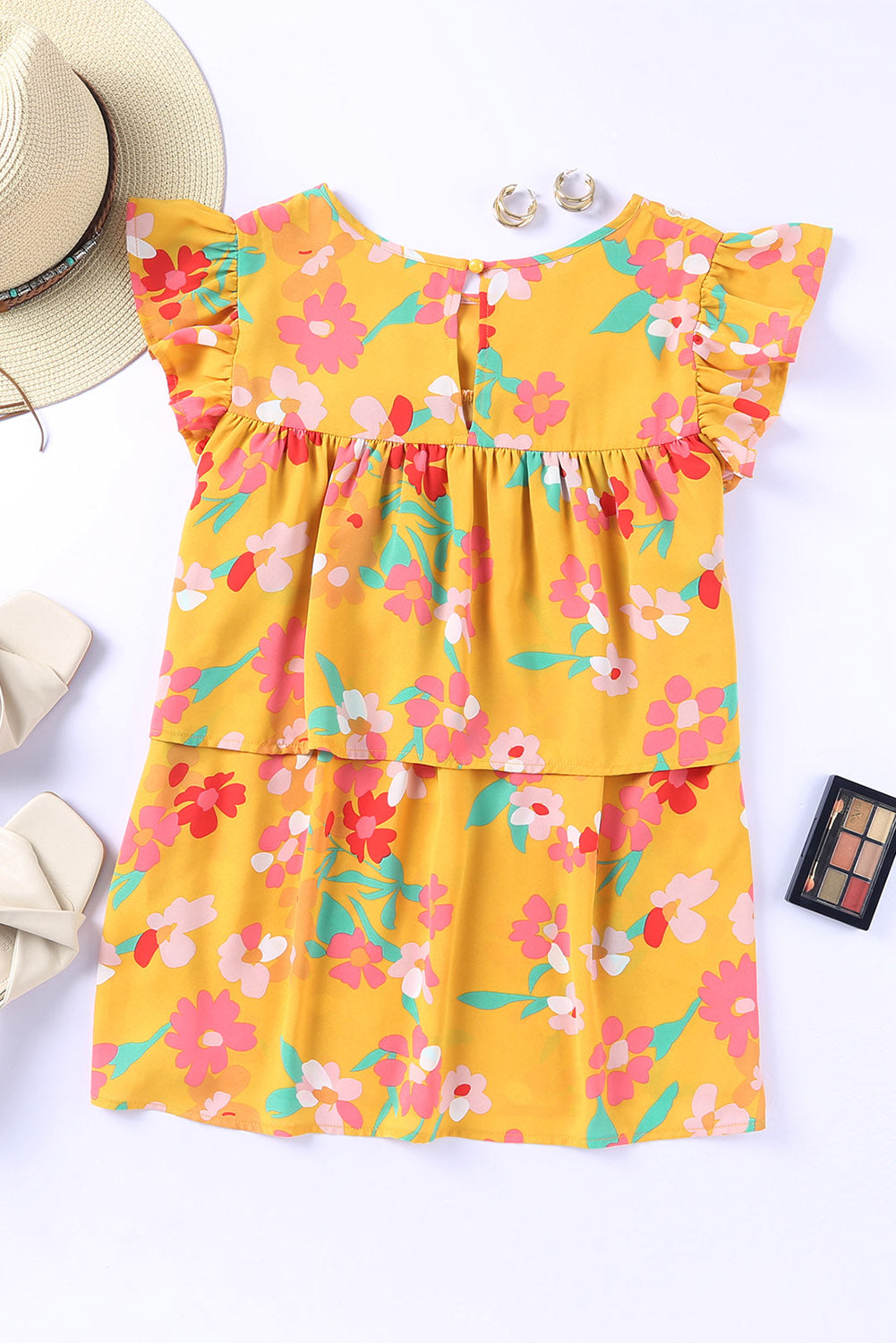 Yellow Floral Print Ruffle Cap Sleeve Keyhole Back Blouse