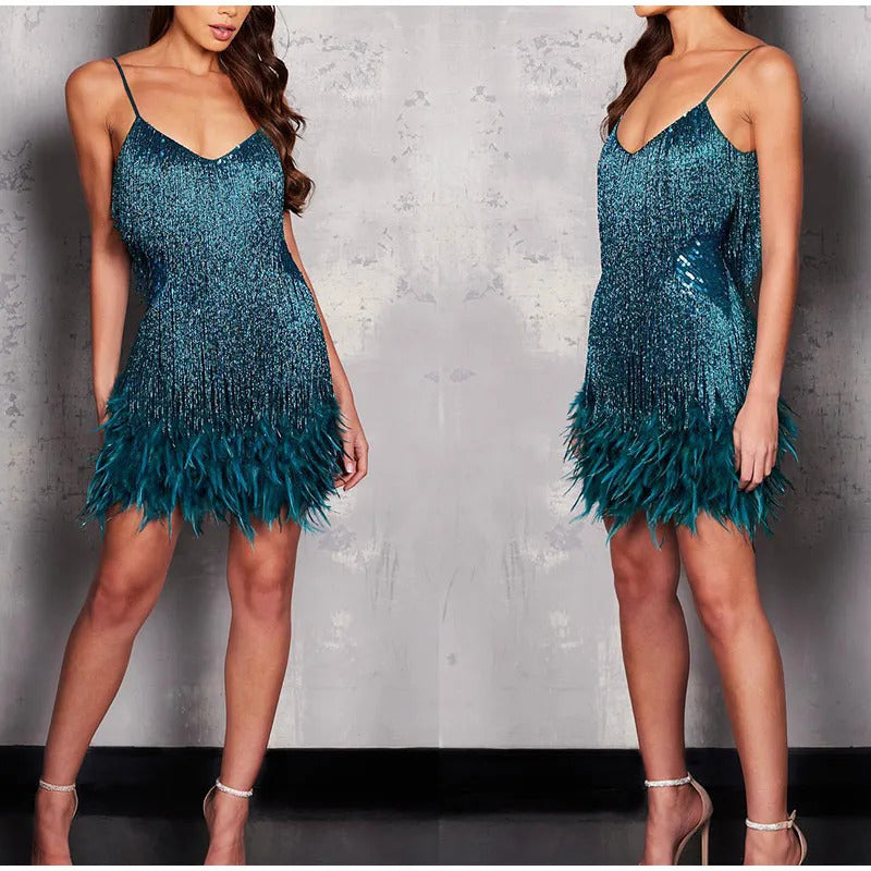 2023 New Sexy Tassel Sequins Feather Mini Dress Women Spaghetti Strap Stitching Dresses Female Elegant Evening Party Club Dress