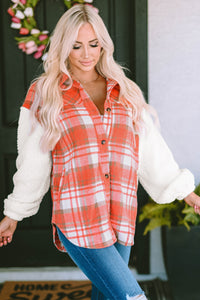 Fiery Red Sherpa Sleeve Plaid Print Shacket