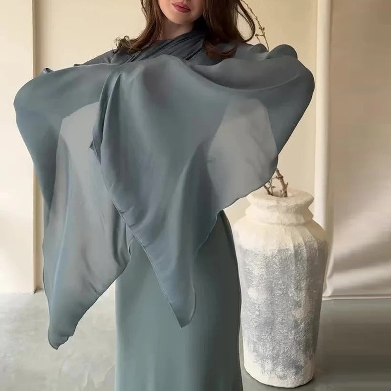 Fashion Satin Solid Robe Dress Ladies Temperament O-neck Slim Evening Dress Elegant Batwing Sleeves High Waist Pleats Long Dress