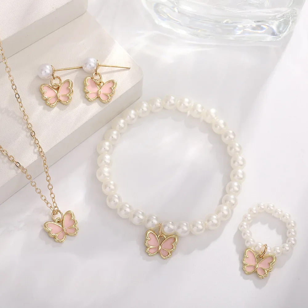 4pcs/Set Sweet Jewelry Set Butterfly Pendant Imitation Pearl Necklace Bracelet Earring Set for Women Girl Jewelry Accessories