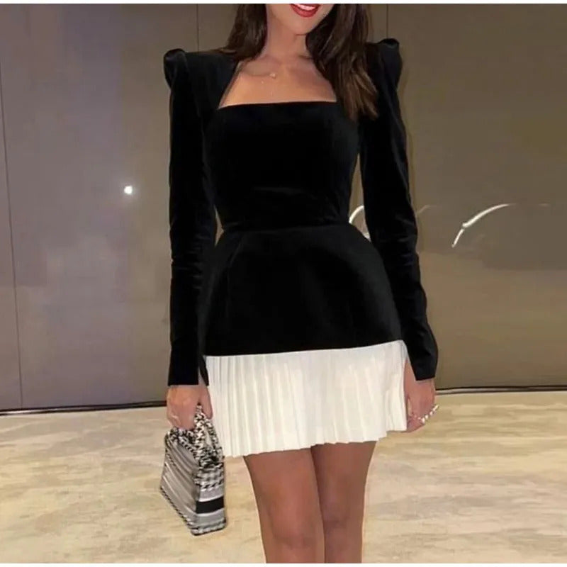 Urban Velvet Spliced Mini Dress Women Pleated Square Neck Long Sleeve Female Dreses 2024 Autumn Winter Lady Evening Party Wear