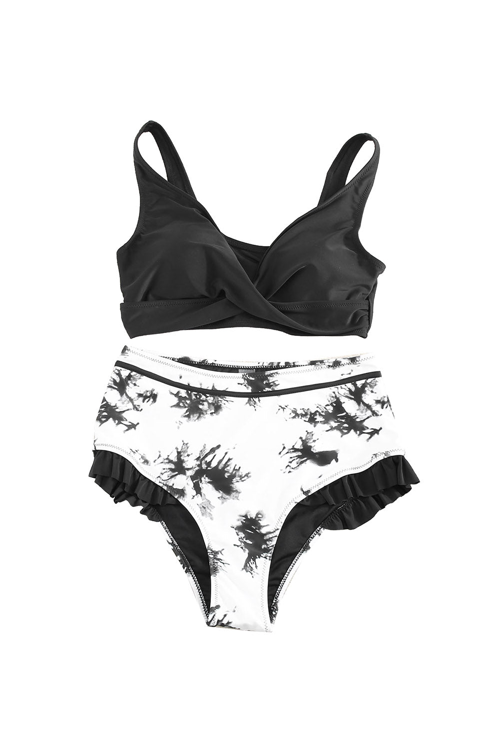 Black Sexy Solid Crisscross Top and Ruffled Tie Dye High Waisted Swimsuit