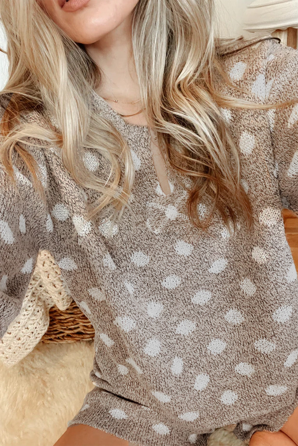 Khaki Polka Dot Knit Sweater Two Piece Set