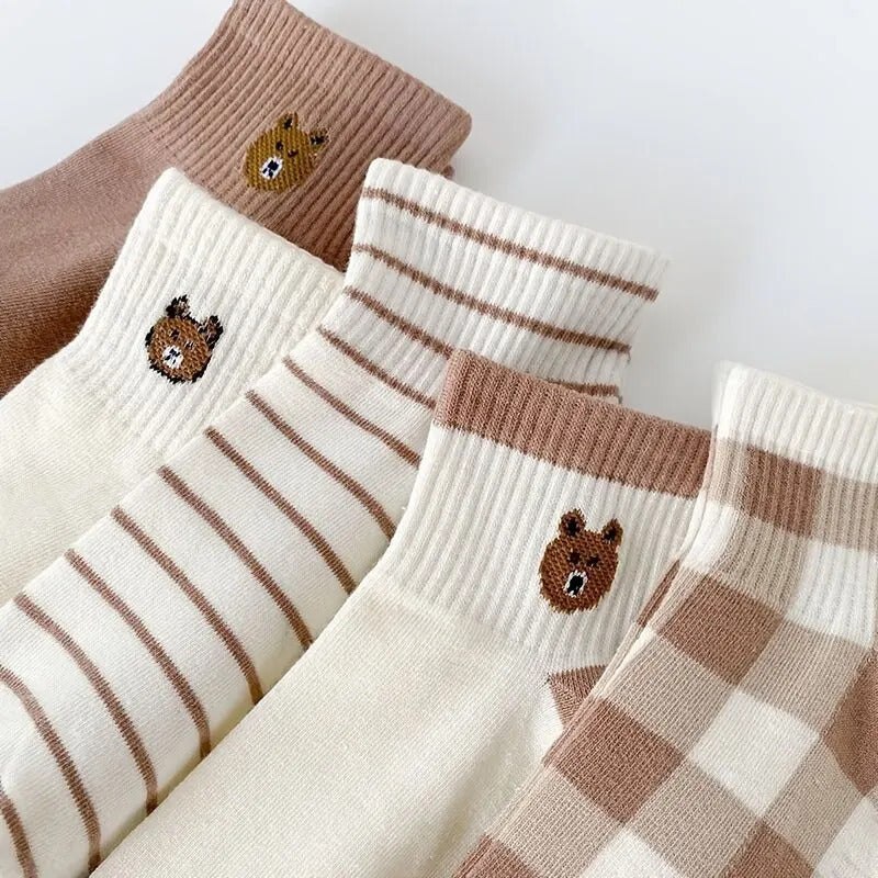 5 Pairs Teddy Bear Ankle Socks, Comfy Cute Crew Short Socks, Women's Stocking & Hosiery