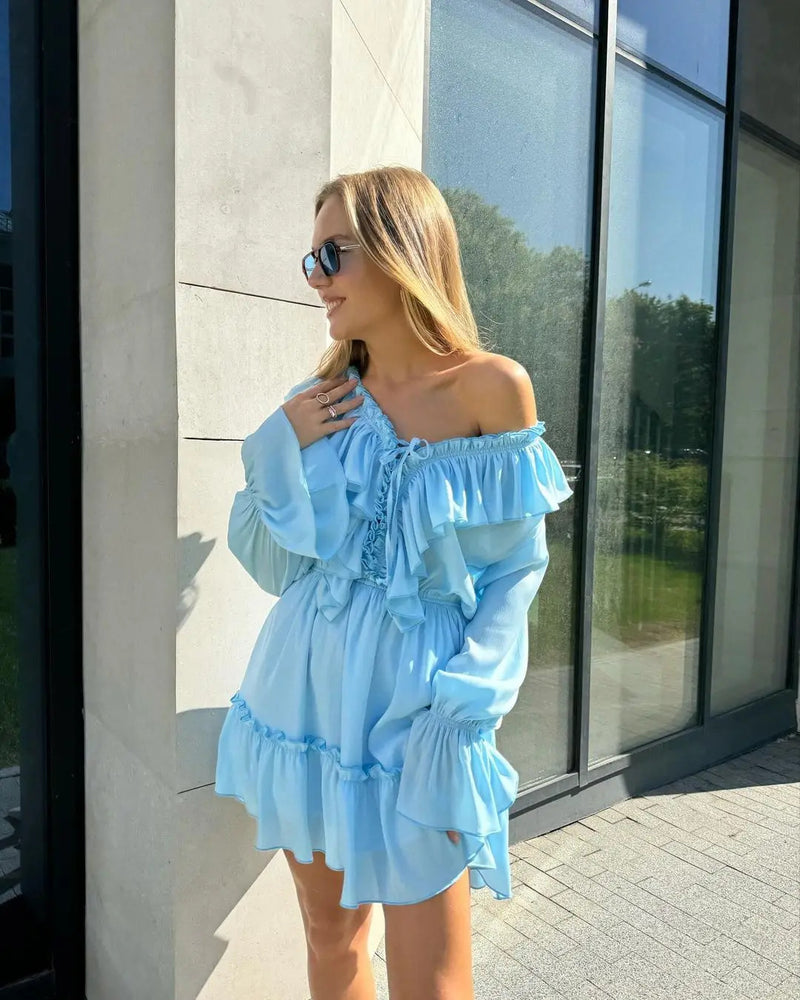 Tossy Ruffled V-Neck White Mini Dress Female Patchwork Long Sleeve Elegant Bandage Fashion Dress High Waist Lace-Up Women Dress