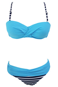 Sky Blue Geometric Padded Gather Push-up Bikini Set